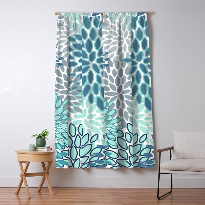 Festive, Floral Prints, Teal, Turquoise and Gray Window Curtain Gallery Image 5