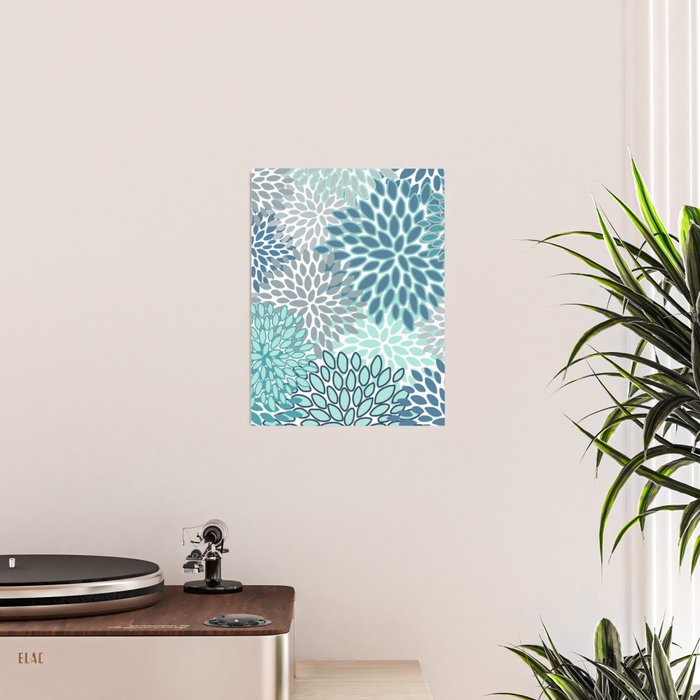 Festive, Floral Prints, Teal, Turquoise and Gray Poster Gallery Image 2