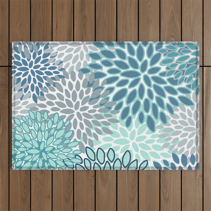 Festive, Floral Prints, Teal, Turquoise and Gray Outdoor Rug Gallery Image 1