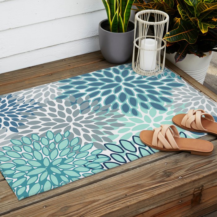 Festive, Floral Prints, Teal, Turquoise and Gray Outdoor Rug Gallery Image 2