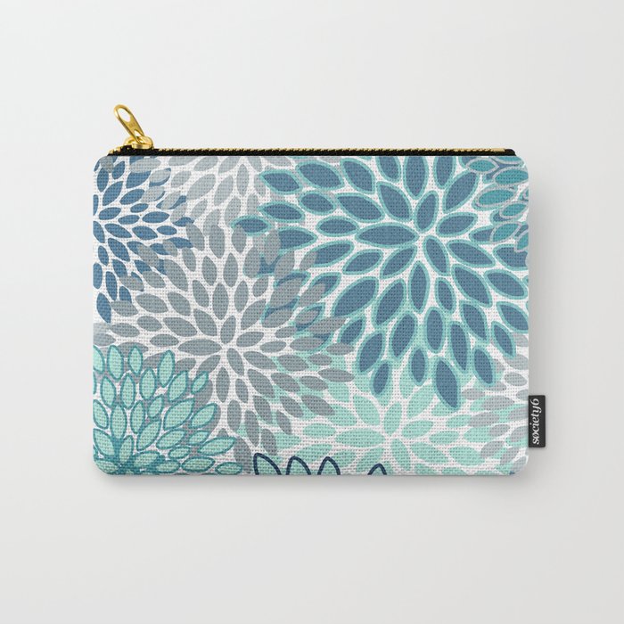 Festive, Floral Prints, Teal, Turquoise and Gray Carry All Pouch Gallery Image 1