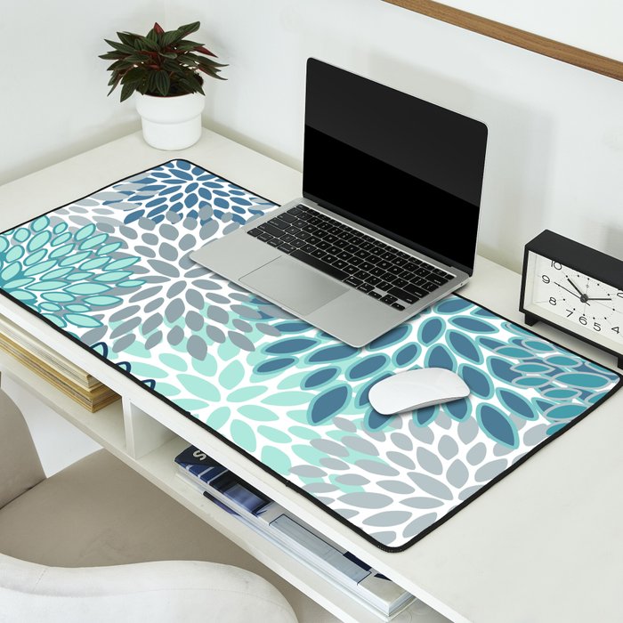 Festive, Floral Prints, Teal, Turquoise and Gray Desk Mat Gallery Image 2