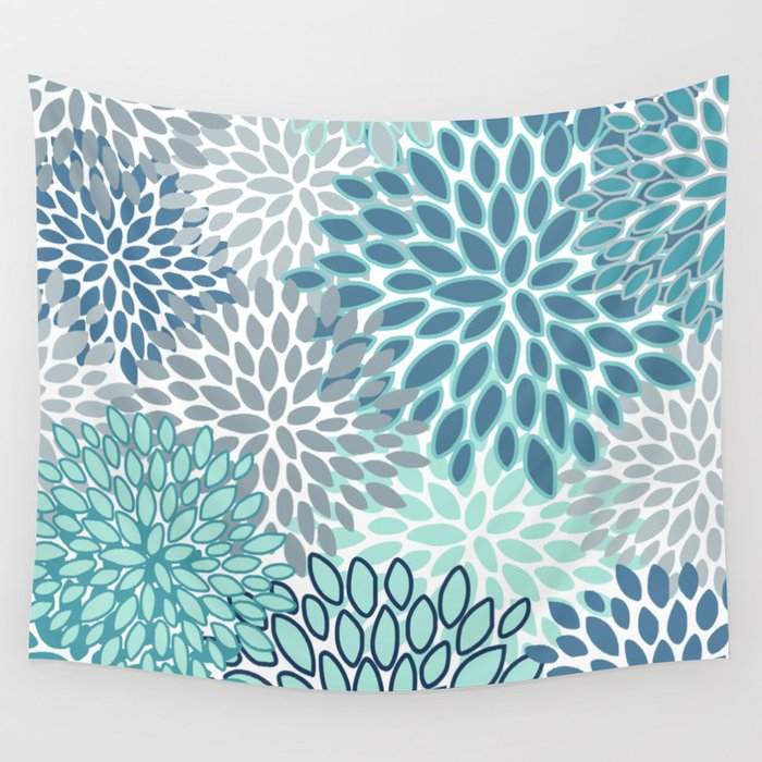 Festive, Floral Prints, Teal, Turquoise and Gray Wall Tapestry Gallery Image 4