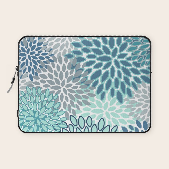 Festive, Floral Prints, Teal, Turquoise and Gray Laptop Sleeve Gallery Image 1