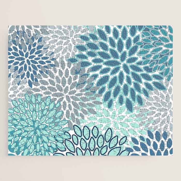 Festive, Floral Prints, Teal, Turquoise and Gray Jigsaw Puzzle Gallery Image 1