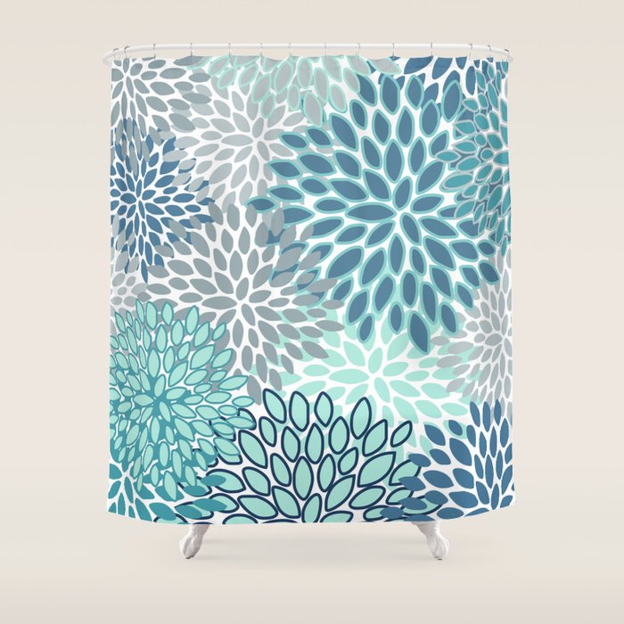 Festive, Floral Prints, Teal, Turquoise and Gray Shower Curtain Gallery Image 1