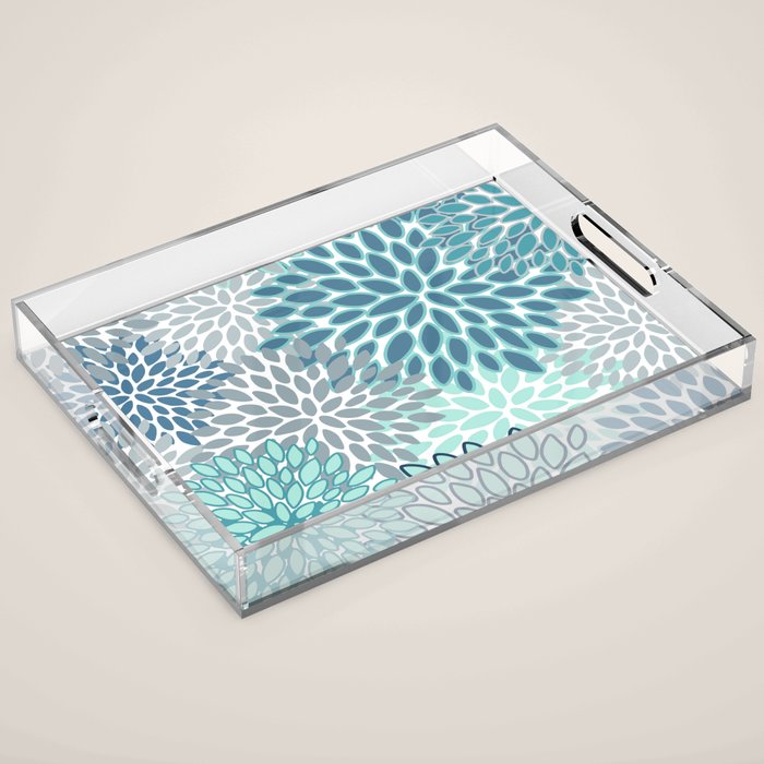 Festive, Floral Prints, Teal, Turquoise and Gray Acrylic Tray Gallery Image 1