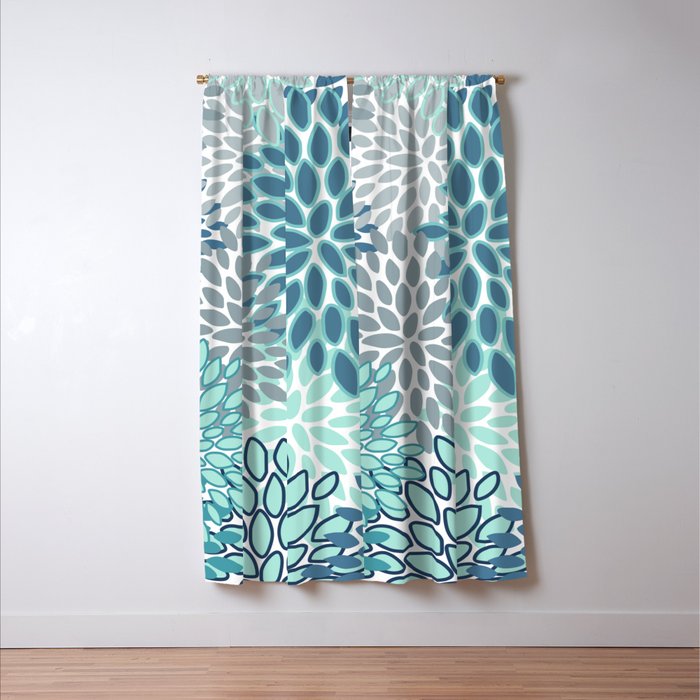 Festive, Floral Prints, Teal, Turquoise and Gray Window Curtain Gallery Image 3