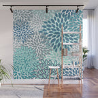 Festive, Floral Prints, Teal, Turquoise and Gray Wall Mural Gallery Image 1