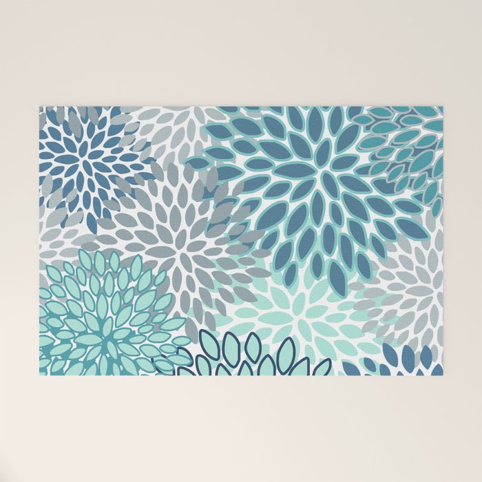 Festive, Floral Prints, Teal, Turquoise and Gray Welcome Mat Gallery Image 1