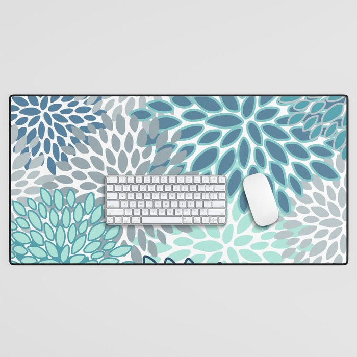 Festive, Floral Prints, Teal, Turquoise and Gray Desk Mat Gallery Image 1
