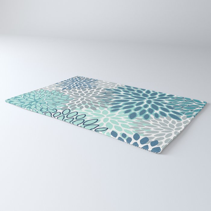 Festive, Floral Prints, Teal, Turquoise and Gray Rug Gallery Image 3