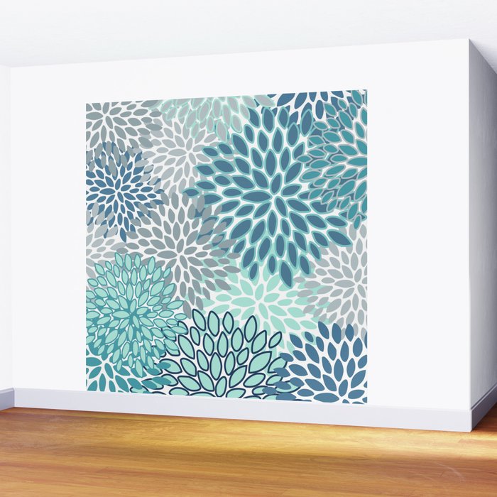 Festive, Floral Prints, Teal, Turquoise and Gray Wall Mural Gallery Image 2