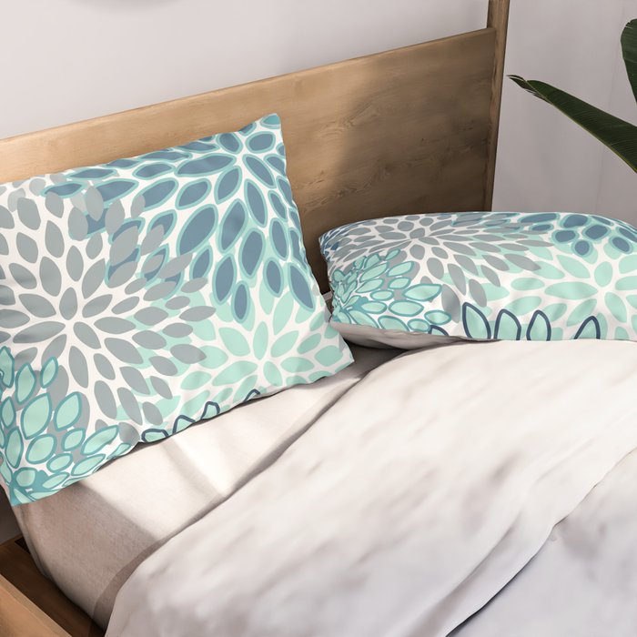 Festive, Floral Prints, Teal, Turquoise and Gray Pillow Sham Gallery Image 2