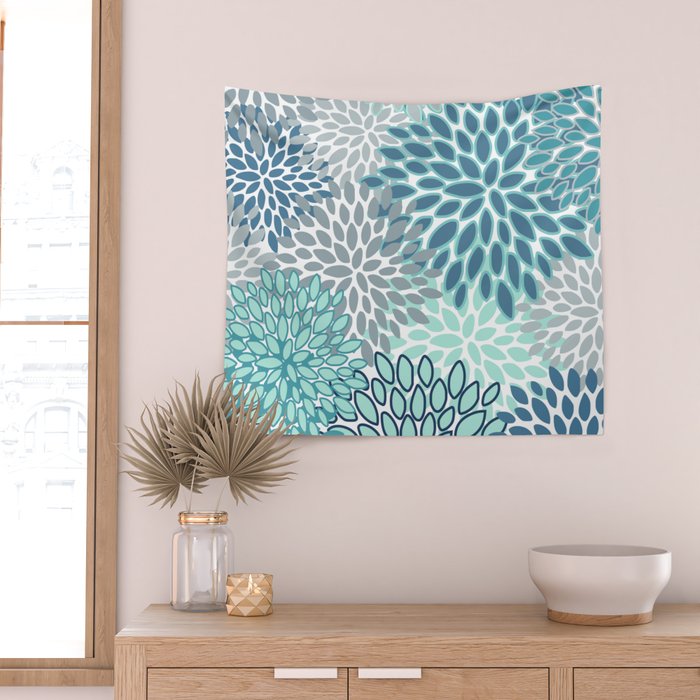 Festive, Floral Prints, Teal, Turquoise and Gray Wall Tapestry Gallery Image 2