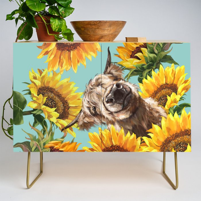 Highland Cow with Sunflowers in Blue Credenza Gallery Image 1
