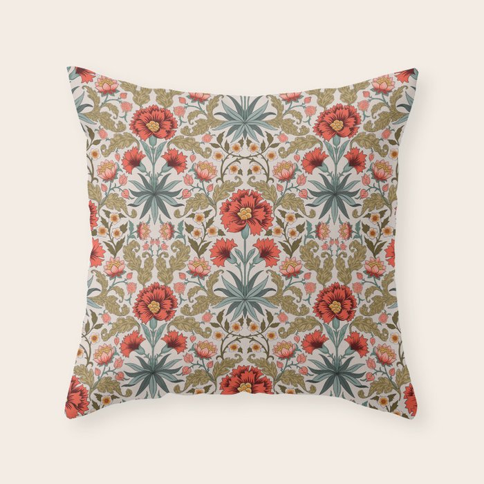 Victorian Botanicals - Carnations in Red and Green Throw Pillow Gallery Image 1