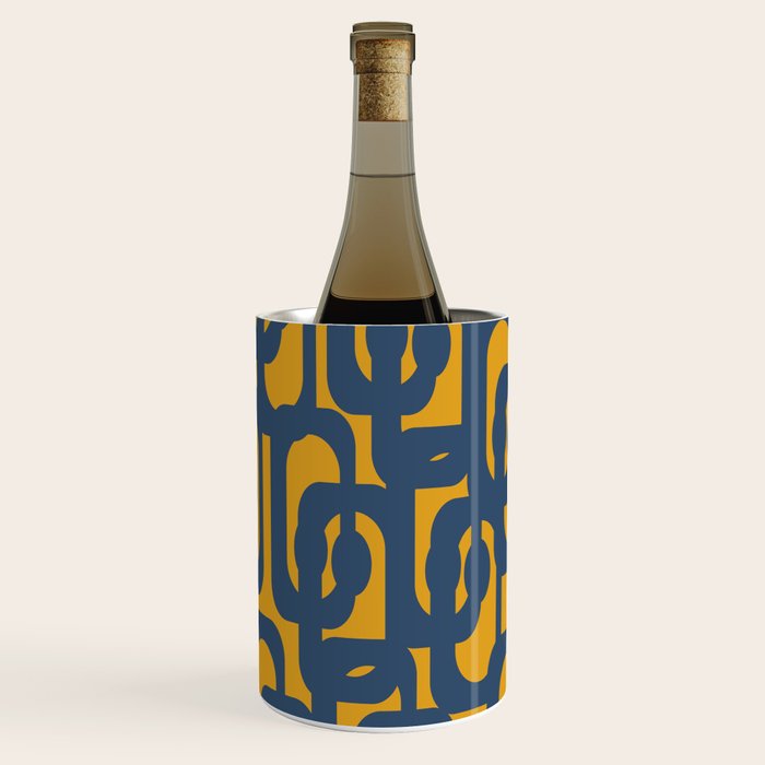 Mid Century Modern Abstract Loop Pattern in Navy Blue and Mustard Ochre Wine Chiller Gallery Image 1