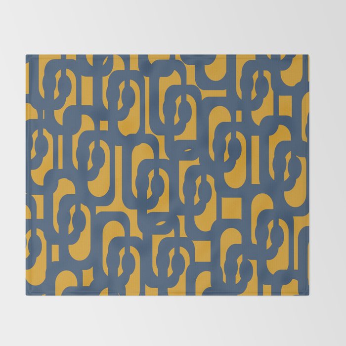 Mid Century Modern Abstract Loop Pattern in Navy Blue and Mustard Ochre Throw Blanket Gallery Image 2