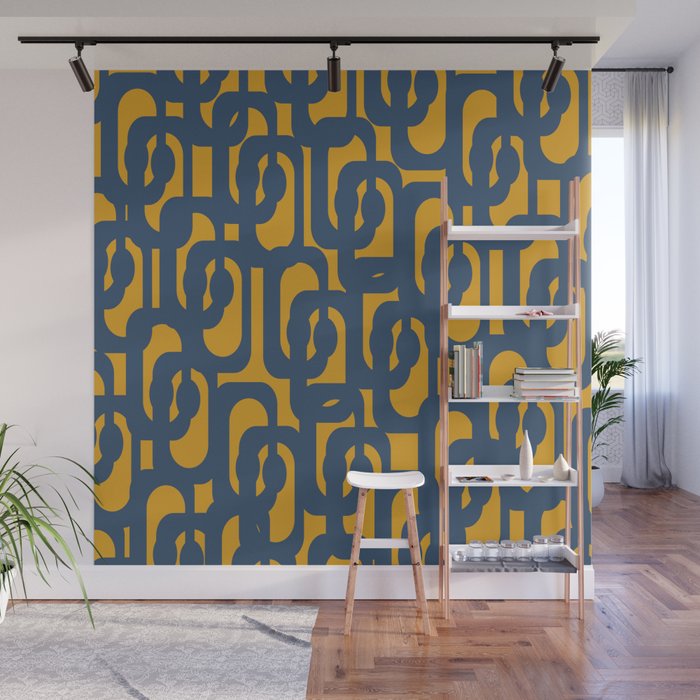 Mid Century Modern Abstract Loop Pattern in Navy Blue and Mustard Ochre Wall Mural Gallery Image 1