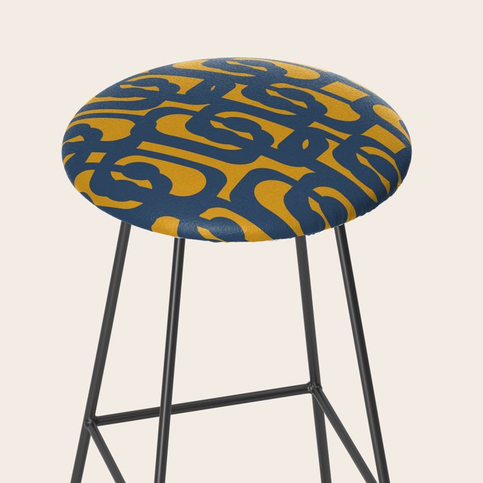 Mid Century Modern Abstract Loop Pattern in Navy Blue and Mustard Ochre Stool Gallery Image 2