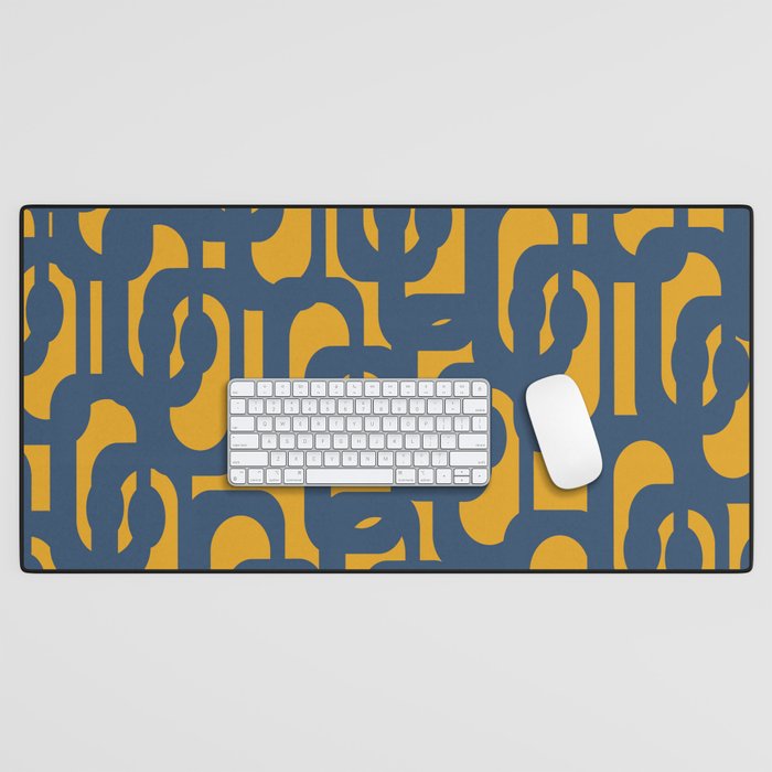 Mid Century Modern Abstract Loop Pattern in Navy Blue and Mustard Ochre Desk Mat Gallery Image 1