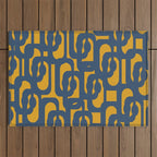 Mid Century Modern Abstract Loop Pattern in Navy Blue and Mustard Ochre Outdoor Rug Gallery Image 1