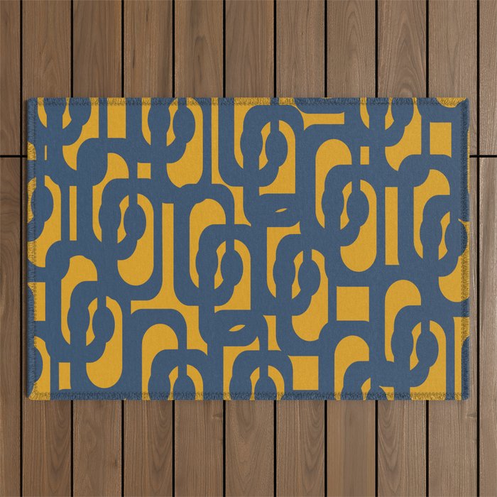 Mid Century Modern Abstract Loop Pattern in Navy Blue and Mustard Ochre Outdoor Rug Gallery Image 1