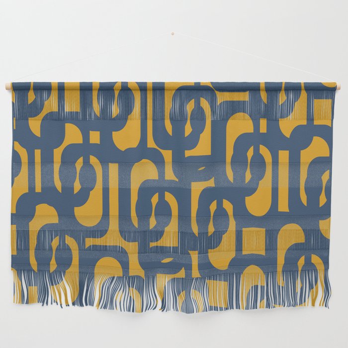 Mid Century Modern Abstract Loop Pattern in Navy Blue and Mustard Ochre Wall Hanging Gallery Image 1