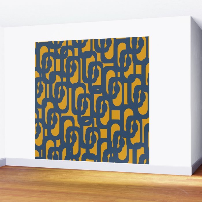 Mid Century Modern Abstract Loop Pattern in Navy Blue and Mustard Ochre Wall Mural Gallery Image 2