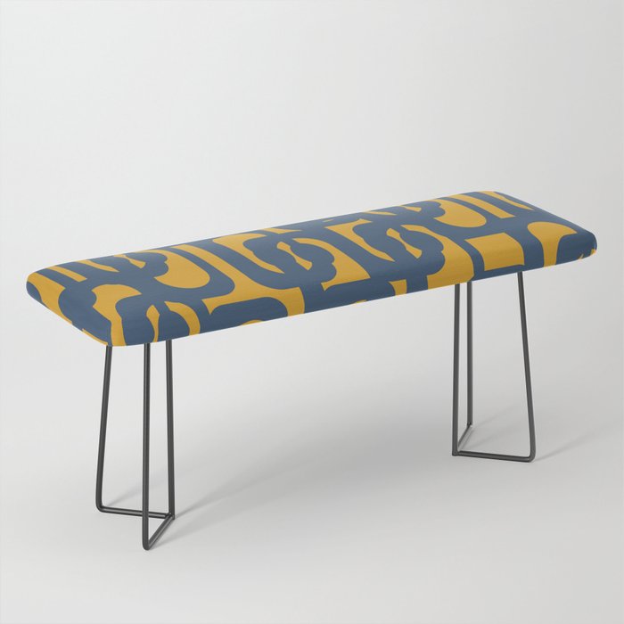 Mid Century Modern Abstract Loop Pattern in Navy Blue and Mustard Ochre Bench Gallery Image 1