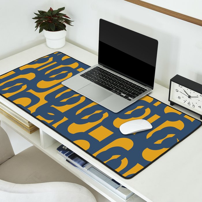 Mid Century Modern Abstract Loop Pattern in Navy Blue and Mustard Ochre Desk Mat Gallery Image 2