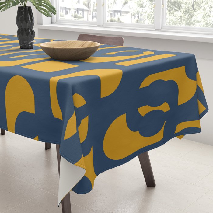 Mid Century Modern Abstract Loop Pattern in Navy Blue and Mustard Ochre Tablecloth Gallery Image 3