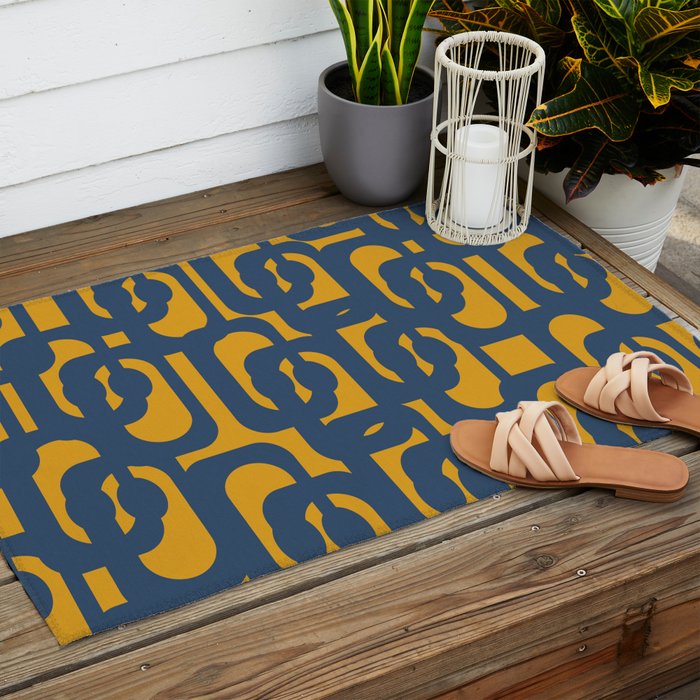 Mid Century Modern Abstract Loop Pattern in Navy Blue and Mustard Ochre Outdoor Rug Gallery Image 2