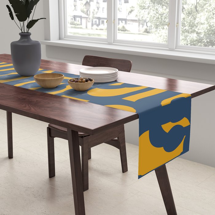 Mid Century Modern Abstract Loop Pattern in Navy Blue and Mustard Ochre Table Runner Gallery Image 2