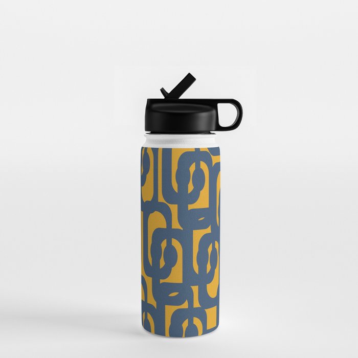 Mid Century Modern Abstract Loop Pattern in Navy Blue and Mustard Ochre Water Bottle Gallery Image 1
