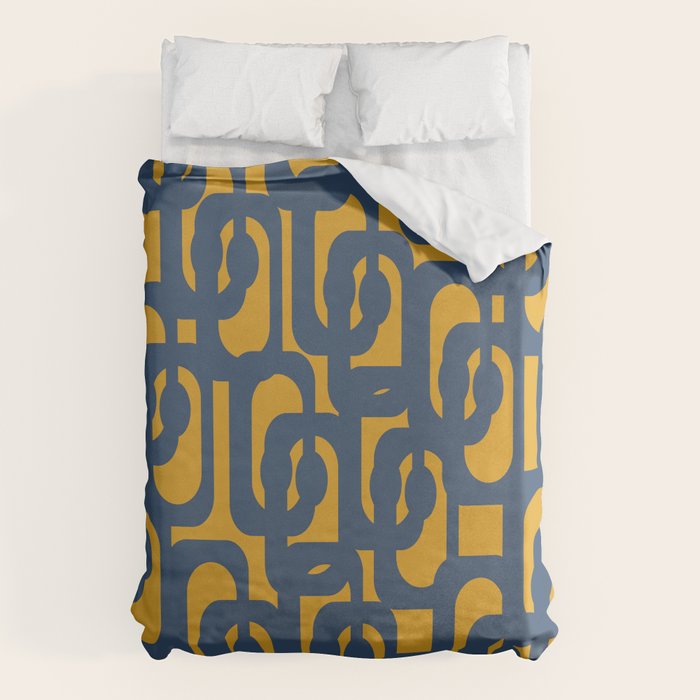 Mid Century Modern Abstract Loop Pattern in Navy Blue and Mustard Ochre Duvet Cover Gallery Image 6