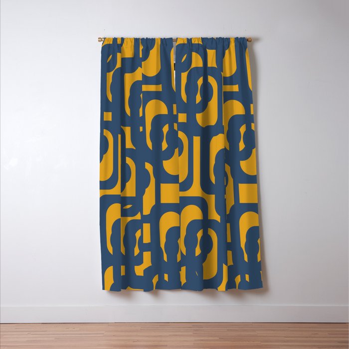 Mid Century Modern Abstract Loop Pattern in Navy Blue and Mustard Ochre Window Curtain Gallery Image 3