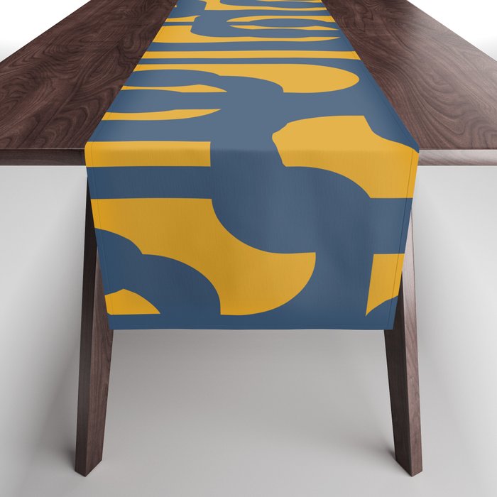 Mid Century Modern Abstract Loop Pattern in Navy Blue and Mustard Ochre Table Runner Gallery Image 1