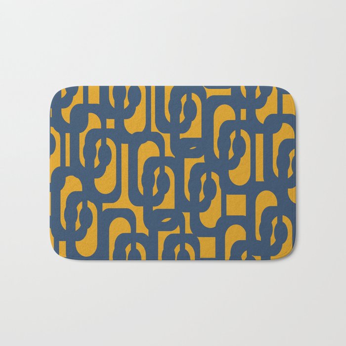 Mid Century Modern Abstract Loop Pattern in Navy Blue and Mustard Ochre Bath Mat Gallery Image 1