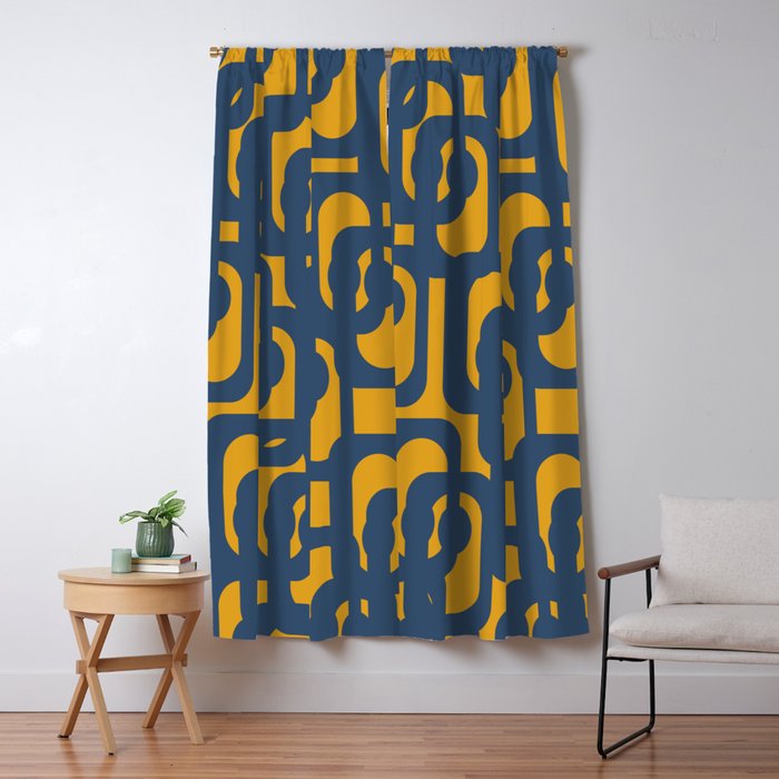 Mid Century Modern Abstract Loop Pattern in Navy Blue and Mustard Ochre Window Curtain Gallery Image 5