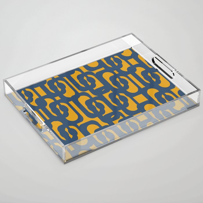 Mid Century Modern Abstract Loop Pattern in Navy Blue and Mustard Ochre Acrylic Tray Gallery Image 1