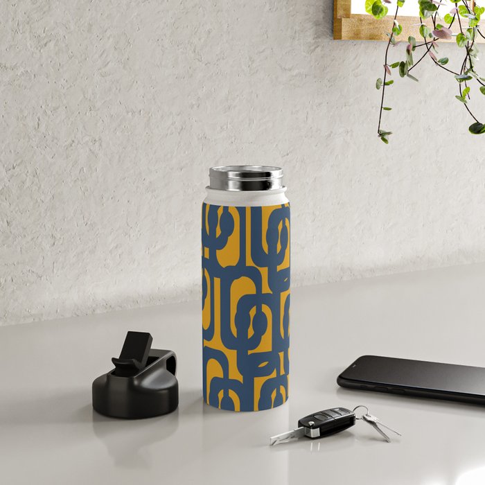 Mid Century Modern Abstract Loop Pattern in Navy Blue and Mustard Ochre Water Bottle Gallery Image 4