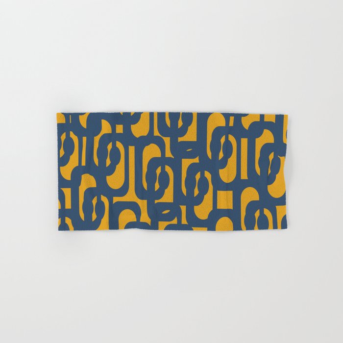 Mid Century Modern Abstract Loop Pattern in Navy Blue and Mustard Ochre Bath Towel Gallery Image 1