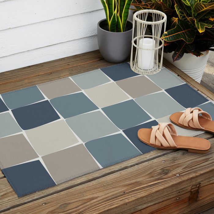 Flux Midcentury Modern Check Grid Pattern in Neutral Blue Gray Tones Outdoor Rug Gallery Image 2