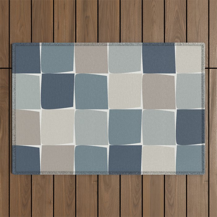Flux Midcentury Modern Check Grid Pattern in Neutral Blue Gray Tones Outdoor Rug Gallery Image 1