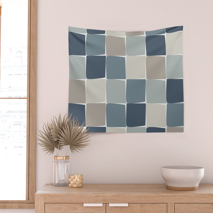 Flux Midcentury Modern Check Grid Pattern in Neutral Blue Gray Tones Wall Tapestry Gallery Image 2