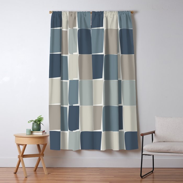 Flux Midcentury Modern Check Grid Pattern in Neutral Blue Gray Tones Window Curtain Gallery Image 1