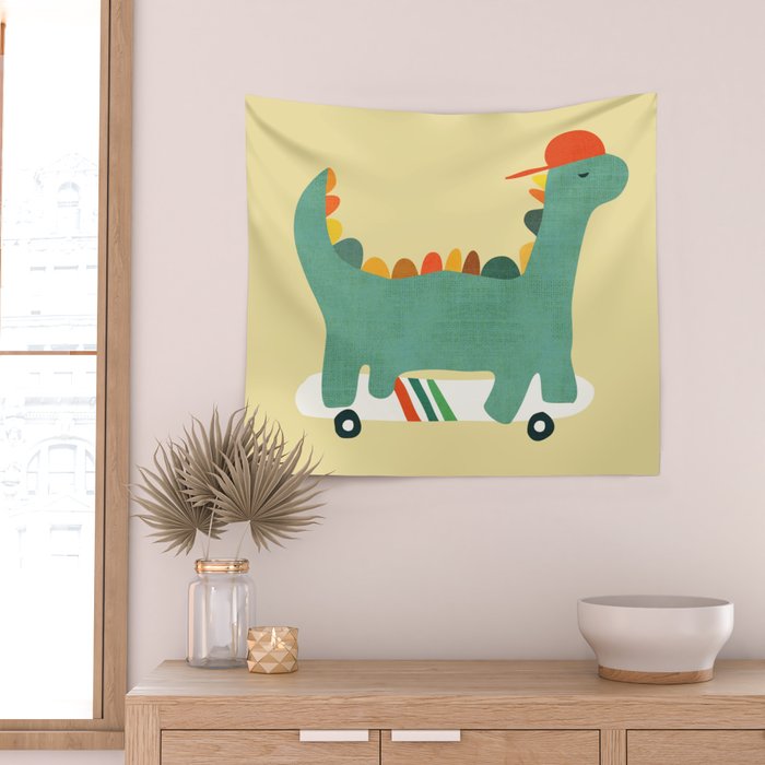 Dinosaur on retro skateboard Wall Tapestry Gallery Image 2