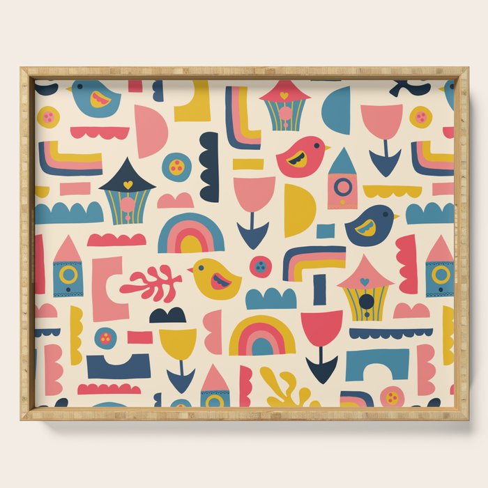 Scandinavian Birds Flowers Rainbows Kids Pattern Serving Tray Gallery Image 1